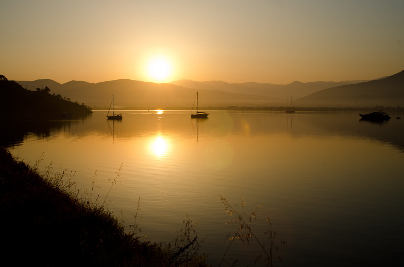 reflection, sky, water, sunrise, fethiye, mountain range, silhouette, idyllic, sailboat, beauty in nature, mode of transportation, turkey, no people, nature