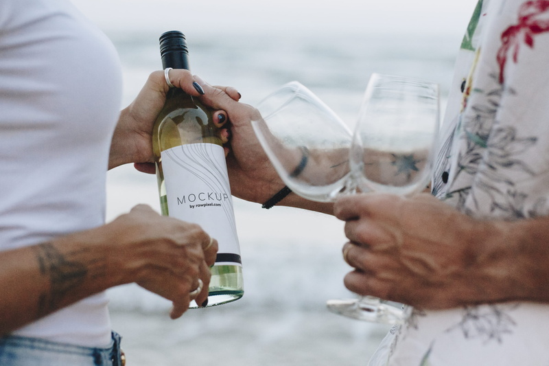 white wine, seashore, adult, two, pouring, tattooed, holding hands, wine glasses, champagne, female, mockup, blurred background, people, real people, couple