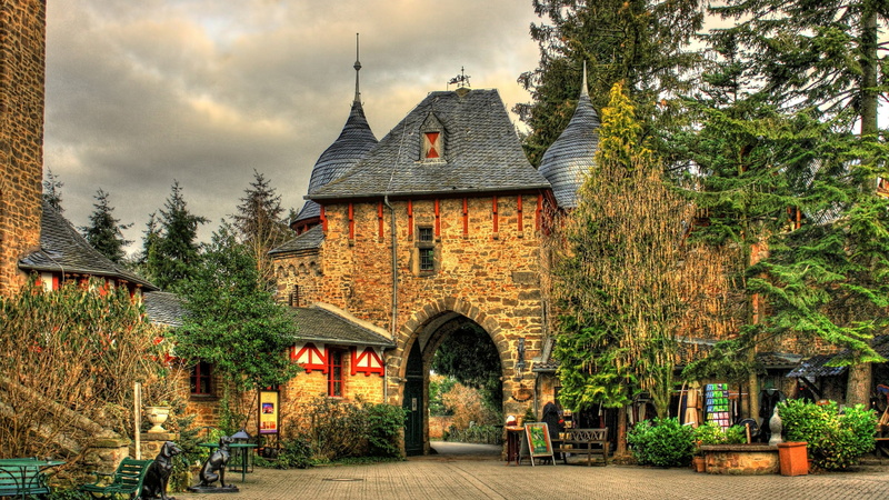 plant, architecture castle ancient nature trees landscape clouds germany hdr arch pine trees bench stones, house, travel destinations, place of worship