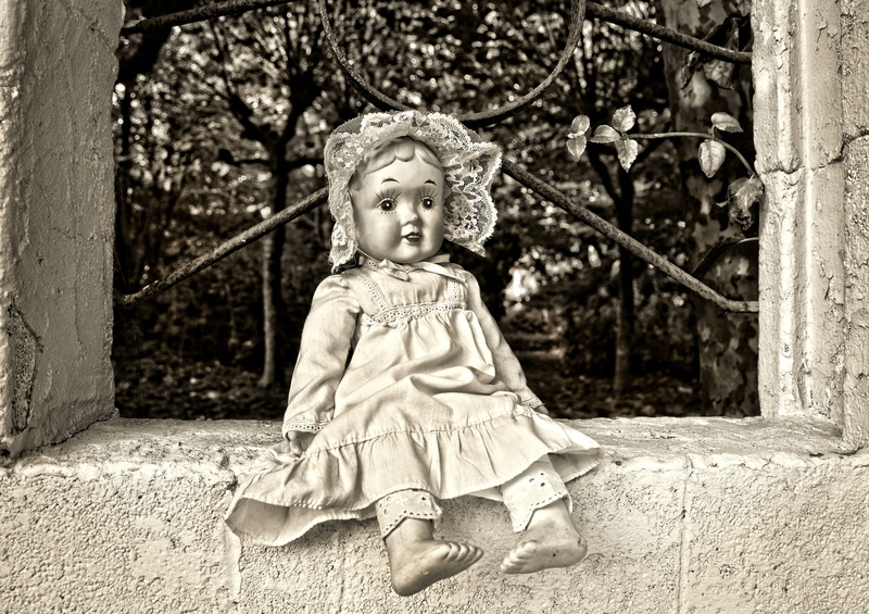 vintage doll, front view, cute, girl, porcelain doll, offspring, antique, girls, day, doll, sitting, concrete, baby, pavement, outdoors, handmade, child