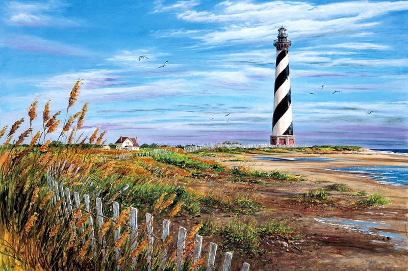 bird, outdoors, day, fence, artwork, beauty in nature, sky, water, animal, nature, lighthouse, land, vertebrate, grass, animal wildlife, Cape Hatteras