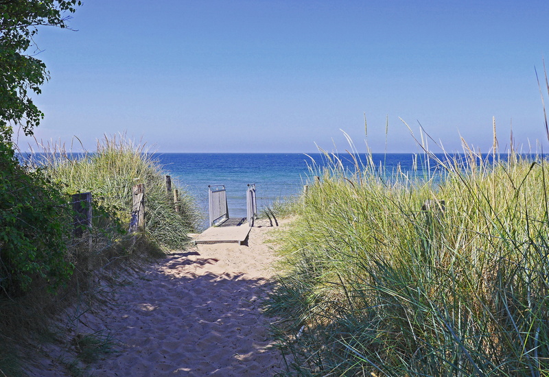 island, high dunes, beach, steel stairs, marram grass, scenics - nature, tranquility, sky, sand, dune grass, water, timothy grass, horizon, cape arkona