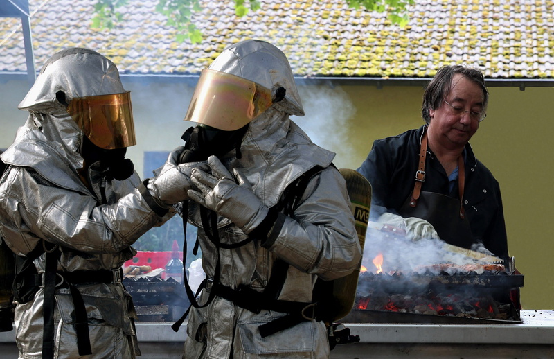 people, steak, occupation, men, real people, fun, food, safety at work, clothing, 2K, safety, barbecue, dangerous, uniform, smoke - physical structure