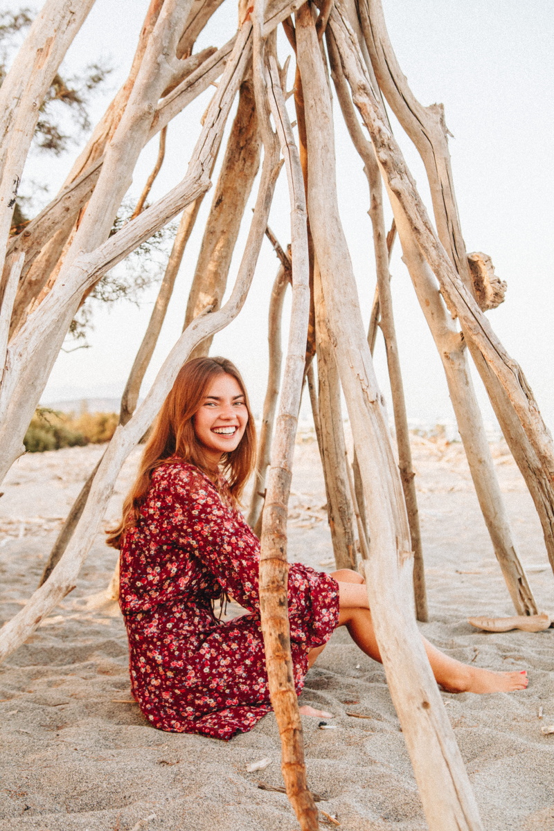 sitting, tree, women, soft, smile, beauty, summer, one person, portrait, beautiful woman, wood, looking at camera, dress, hairstyle, style, model, happiness