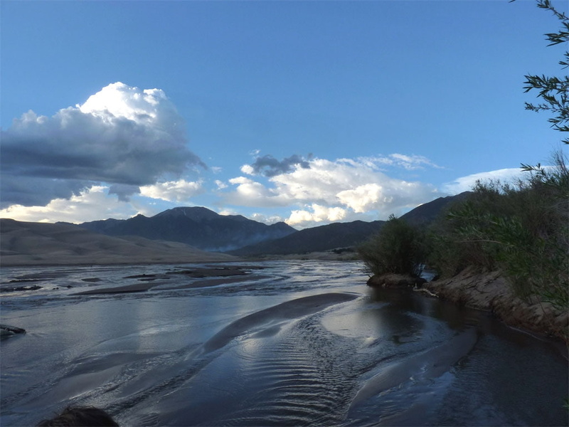 480P, sand, dunes, deserts, great, nature, sand dunes, art, sky, snow, hd, Colorado, stream