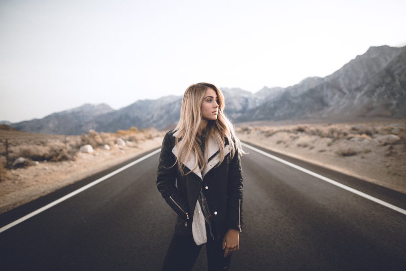 standing, outdoors, blonde, hair, portrait, long hair, Charly Jordan, freedom, women outdoors, road, sky, nature, beautiful woman, travel, day, jacket