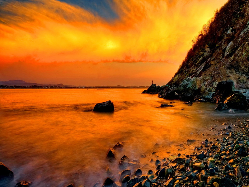 ocean, glow, stones, nature, sunlight, water, coastal, rocks, beautiful, coast, beach, 1080P, shore