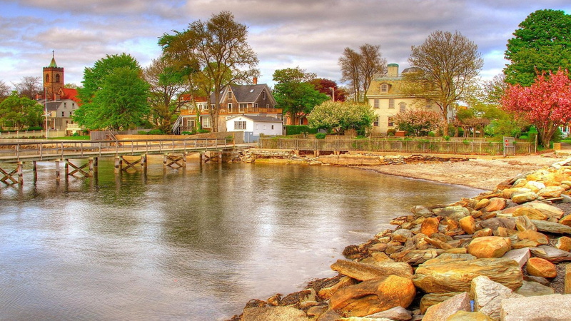 village, coastal, pier, cove, hdr, dalight, nature and landscapes, wonderful, church, 1080P, river, rocks