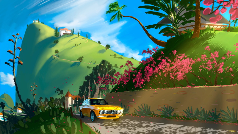 artwork, digital painting, hill, digital art, fan art, depth of field, 4K, Clayton Johans, car, flowers, Flowers Field, landscape, hills, ArtStation, yellow cars
