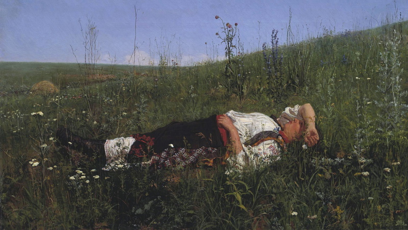 Russian woman, In celebration, Nikolay KUZNETSOV, flowers, oil, 1080P, Canvas, the sky, grass