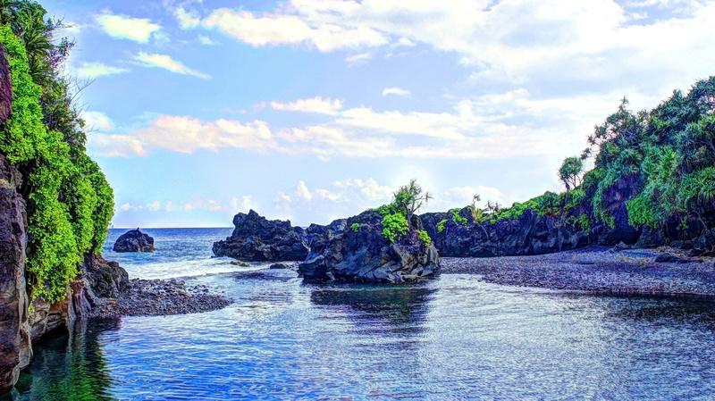 tranquil scene, beauty in nature, day, water, beach, lagoon, rock - object, cloud - sky, solid, land, outdoors, no people, tropical water tropical forest hawaii isle of maui maui palm trees beach waterfall