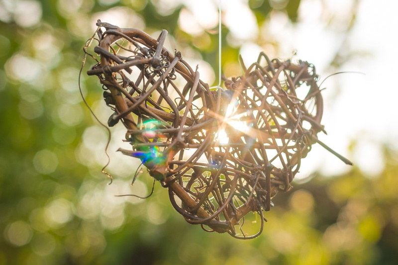 heart, art and craft, positive emotion, tangled, day, plant, nature, outdoors, focus on foreground, jewelry, sunlight, depth of field, tree, ring, large group of objects