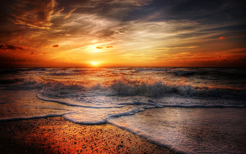 land, cloud - sky, coast, beach, dusk, orange color, blue, evening sun, 2K, photography, sun, hour, shoreline, sea wave, north, atmospheric, summer, clouds