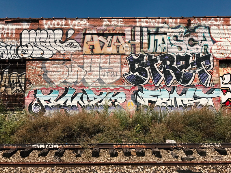 rail transportation, wall - building feature, bricks, tag, creativity, warehouse, outdoors, text, communication, streetart, nature, wolves, brick, abandon