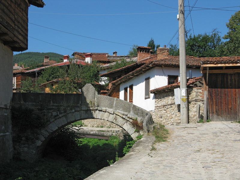 village, transportation, countryside, day, canal, house, koprivshtitsa, bulgaria, footbridge, water, arch bridge, mountain village, sky, tree, architecture