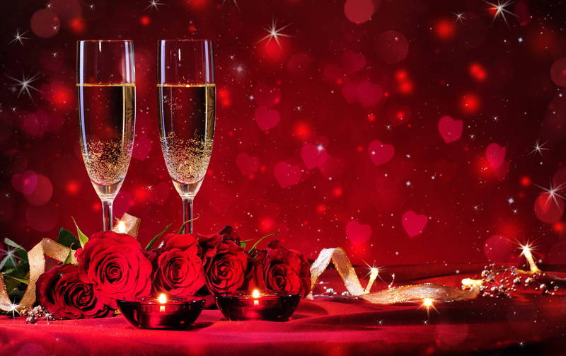 Candle, Champagne, Heart-Shaped, 4K, Glass, Red Flower, Rose, Bokeh, Holiday, Valentines Day, Red Rose, Love