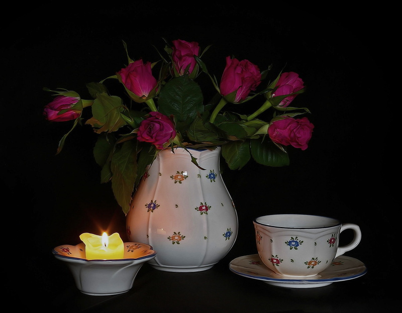flower, freshness, cup, decoration, mug, Roses, drink, studio shot, table, crockery, 1080P, cup of coffee, close-up, cup of tea, fragility, nature, porcelaine