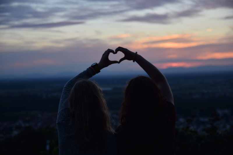 beauty in nature, human arm, sunset, rear view, women, family, arms raised, silhouette, girlfriends, sky, hours, friends, two, two people, love, making