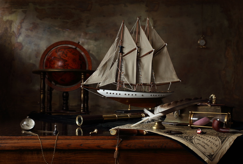 globe, ship, Still life with sailing ship, map, sailboat, still life, Mercator, 8K, history
