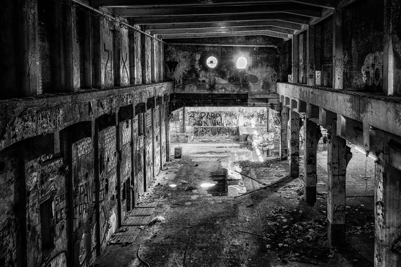 grayscale, hall, bridge, underground, stone wall, architectural column, direction, old factory, weathered, decay, no people, lapsed, lost places, pforphoto