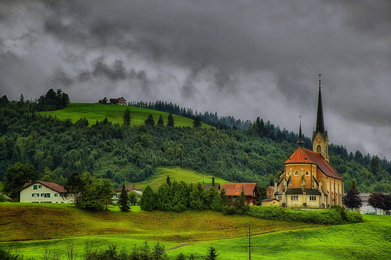 1080P, home, HDR, hills, Church, Einsiedeln, trees, forest, slope, field, Switzerland