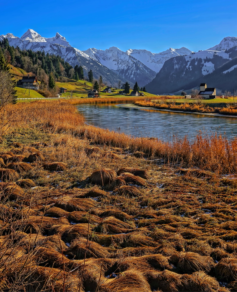 lake, red, beauty in nature, tree, flowing water, 4K, river, landscape, scenics - nature, winter, background, mountain range, mountain, excursion, curve