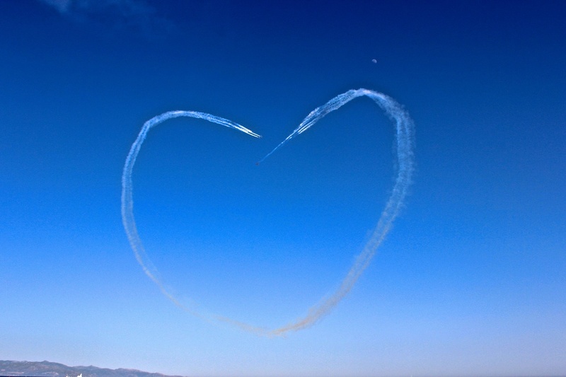 clear sky, air vehicle, on the move, solidarity, love, no people, heart, nature, motion, painting in the sky, day, vapor trail, heart shape, shape, blue