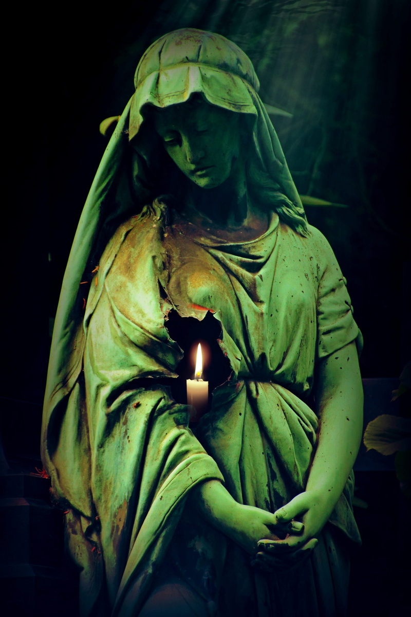 statue, mystical, nature, illuminated, spiritual, hope, pray, religion, representation, female likeness, belief, indoors, 2K, faith, fire, light