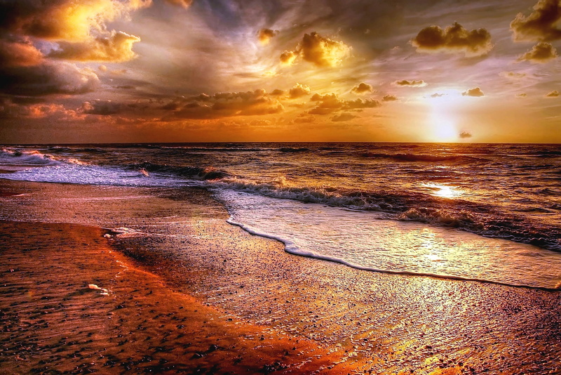 time, stones, wave, clouds, coast, twilight, color, summer, nature, outdoors, gold, lapse, sunset, sunbeam, denmark, scenics, back light, sea, no people