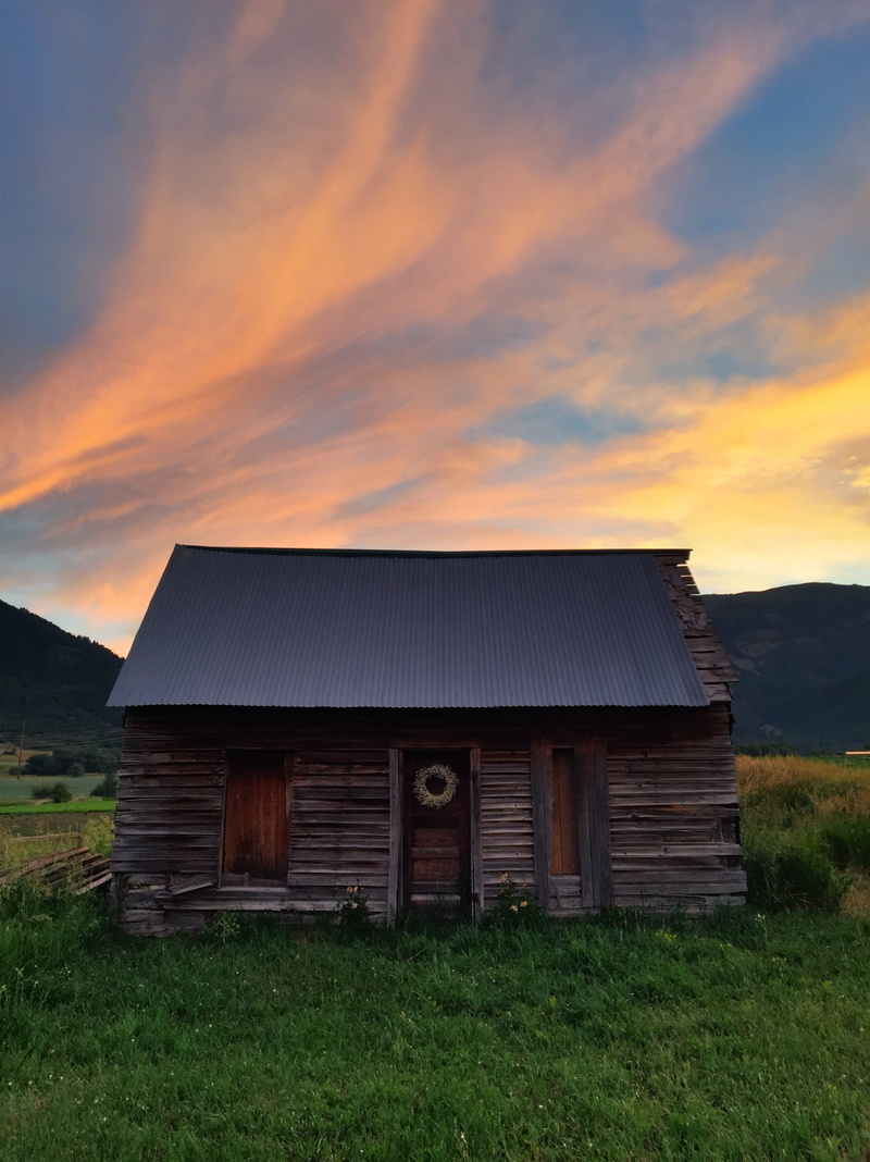 cloud - sky, wood, building exterior, building, rustic, field, plant, blue sky, dusk, house, brown, orange color, land, sky, orange and blue, barn, beauty in nature