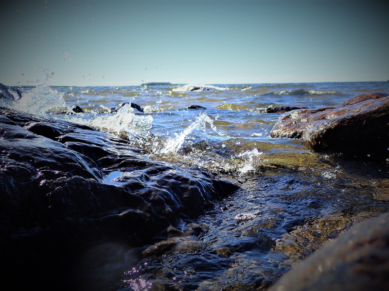 scenics - nature, water, rock, clear sky, 4K, land, flowing water, horizon over water, beauty in nature, sky, surfing, power in nature, beach, nature