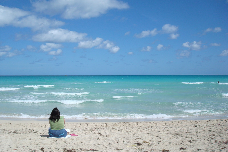 sky, women, lifestyles, sitting, land, beach, holiday, cloud - sky, miami, 2K, looking at view, white, scenics - nature, rear view, turquoise colored