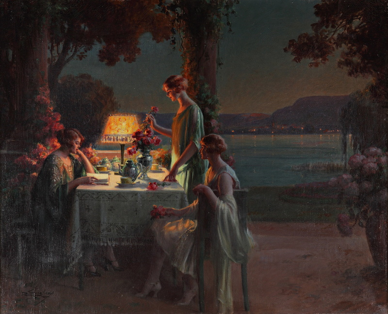 Academism, the evening, on the shores of lake, Young women, flowers, Dolphin Angola, the tea party, 1080P