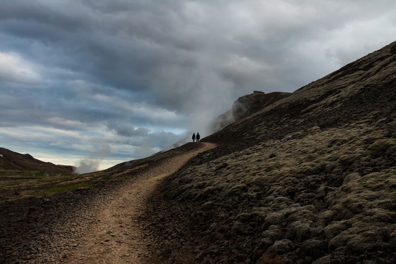 path, overcast, grass, people, clouds, rocks, 1080P, brown, landscape, gravel, hills, couple, alone