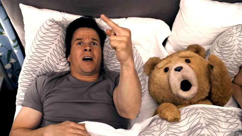 teddy bear, domestic room, Ted, mouth open, Movie, childhood, indoors, Ted (Movie Character), shock, lying down, relaxation, bedroom, portrait, pillow