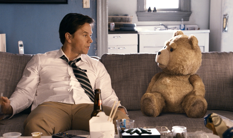 one animal, Ted, front view, sitting, Mark Wahlberg, canine, poster, movie, indoors, domestic room, domestic, dog, real people, bear, John Bennett, mature men