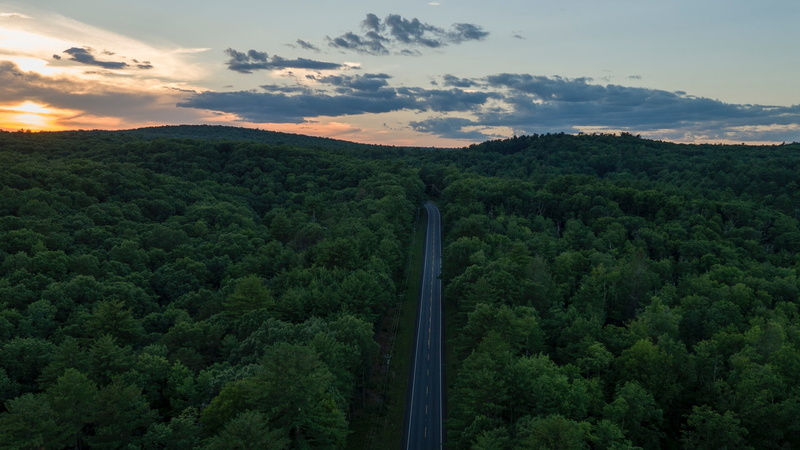 nature, highway, aerial view, USA, trees, clouds, forest, hill, sunset, landscape, 1080P, Sun, road