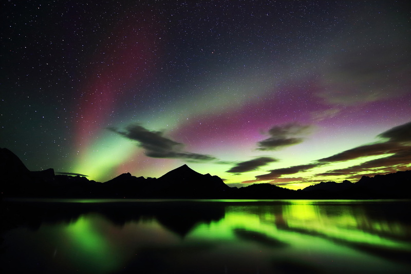 silhouette, Canada, Albert, lake Kananaskis, stars, clouds, mountains, 1080P, the sky, lights, night