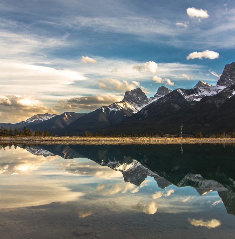 tranquil scene, mountain peak, mountain range, snowcapped mountain, outdoors, mountain, banff, waterfront, canada, no people, standing water, cloud - sky