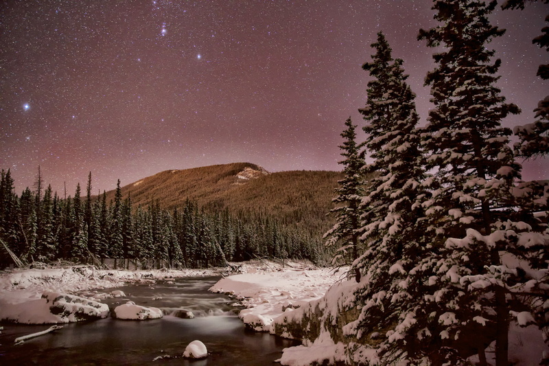 river, Albert, winter, 1080P, snow, the sky, trees, Kananaskis, night, stars, mountains, Canada