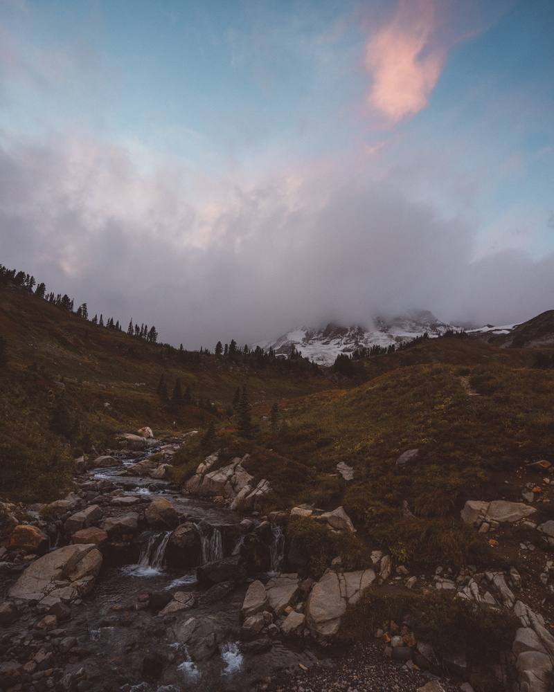 sunset, america, no people, mt rainier, usa, tranquility, travel, tranquil scene, sunrise, rock - object, 4K, environment, landscape, sky, geology, tree