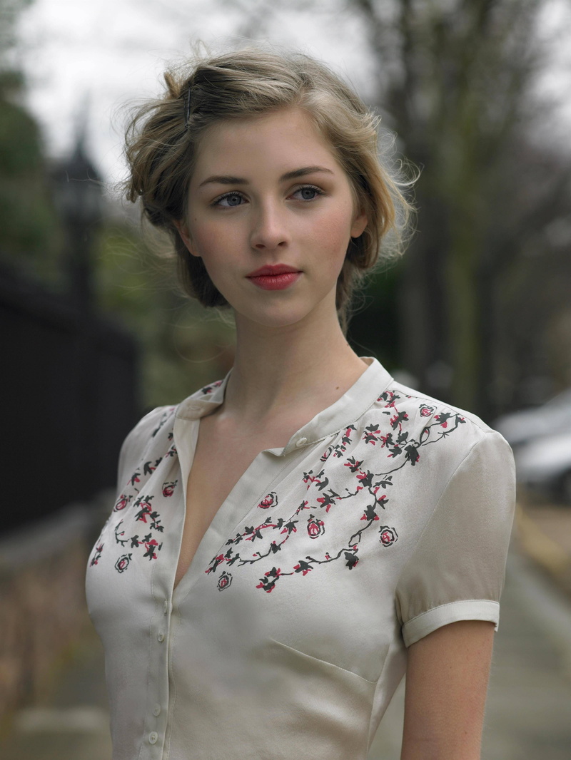 blouses, model, women, portrait display, 4K, blue eyes, long hair, women outdoors, Hermione Corfield, blonde, face, portrait, street