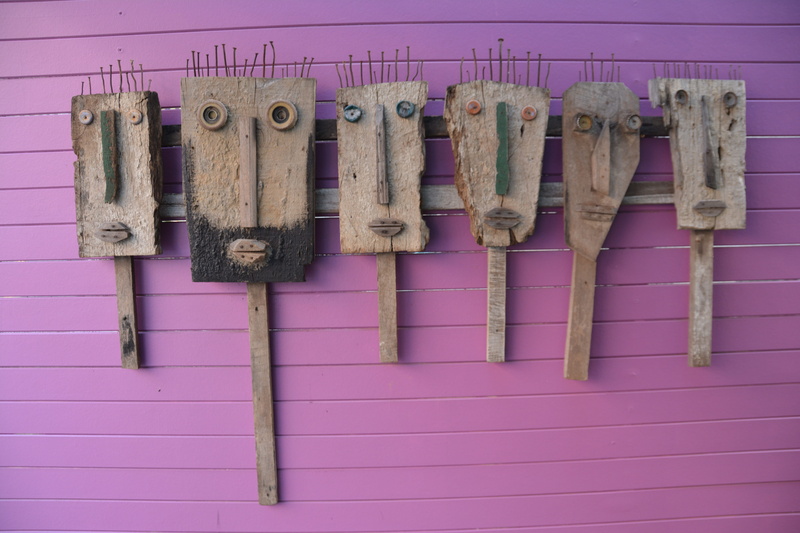 handmade, wooden, thailand, decoration, carving, indoors, stare, creative, crowd, table, wood, hanged, art, group, wood - material, purple, homemade, decorative