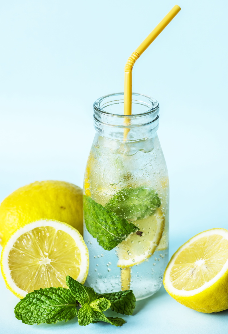 blue background, healthy, straw, food, infused water, refreshment, citrus fruit, drinking glass, household equipment, closeup, lemon, drinking, lime, food photography
