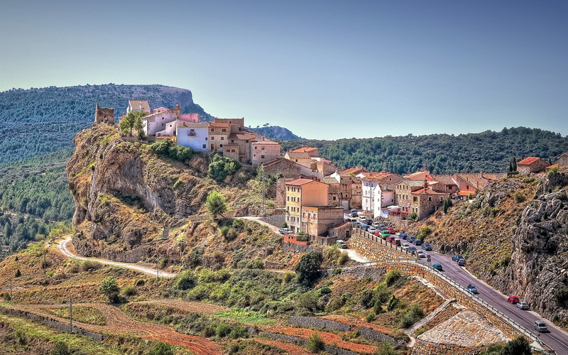 Trees, 1080P, Houses, Rocks, Road, Sky, Cars, Spain