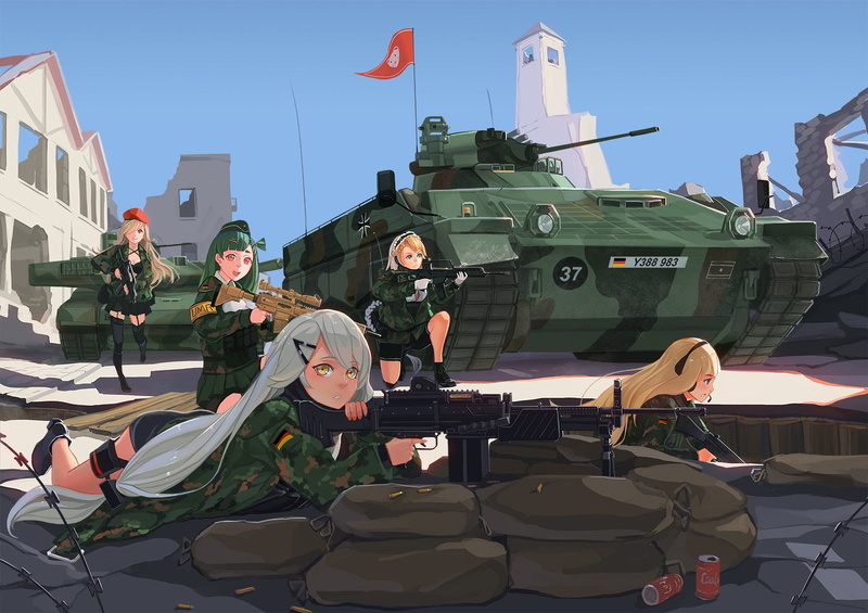 ambush, 1080P, battlefield, devastation, military uniform, cool, sniper rifle, machines, defense, Girl Frontline, tanks