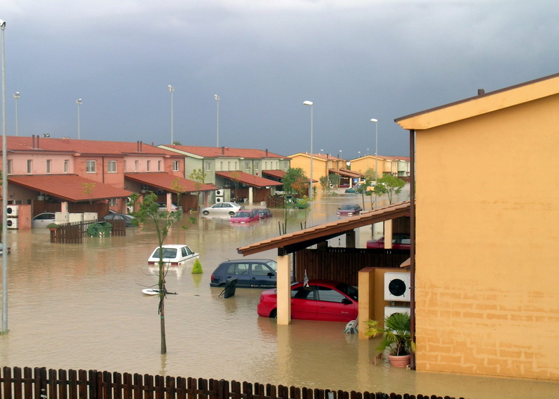street, canal, sky, nature, Sigonella, rain, mode of transportation, outdoors, 1080P, built structure, devastation, land vehicle, water, homes, flooded