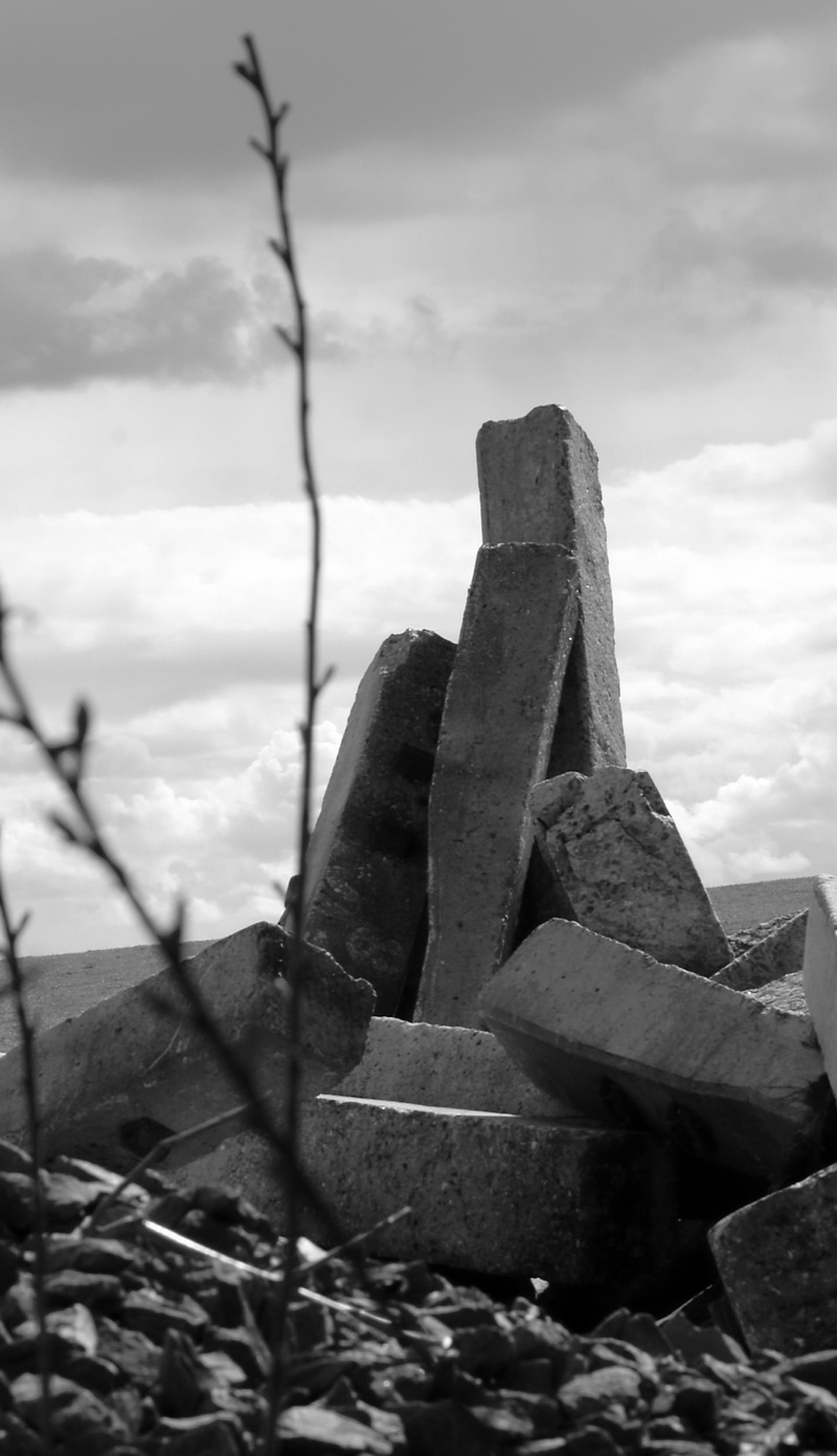 rusty, sky, old, nature, devastation, metal, obsolete, black and white, day, deterioration, landscape, damaged, field, run-down, demolition, stones, history