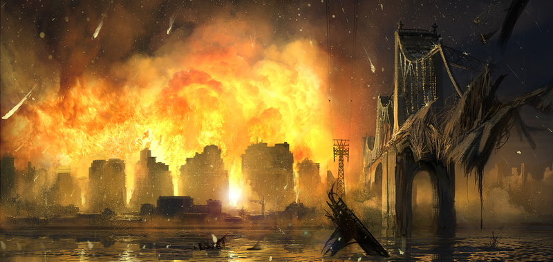 exploding, 2K, communication, buildings, body, pollution, illustration, tower, sky, city, art, near, built Structure, occupation, flame, glowing, the city