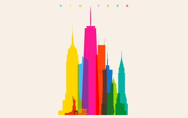 buildings, 2K, New York, large group of objects, rainbow, indoors, cut out, copy space, in a row, scale, art and craft, still life, no people, sharp, white background